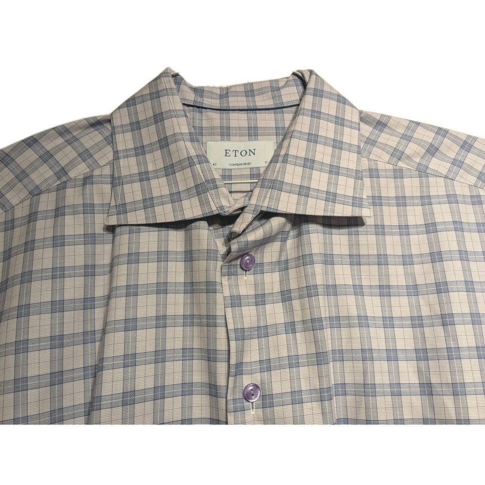 Eton Shirt Men 17(XL) Purple/Blue Check Plaid Contemporary Stretch Cotton/Tencel